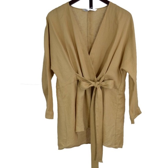 Zara Linen Minimalist Wrap Long Sleeve Tunic Top Blouse Taupe Brown XS - Picture 4 of 4